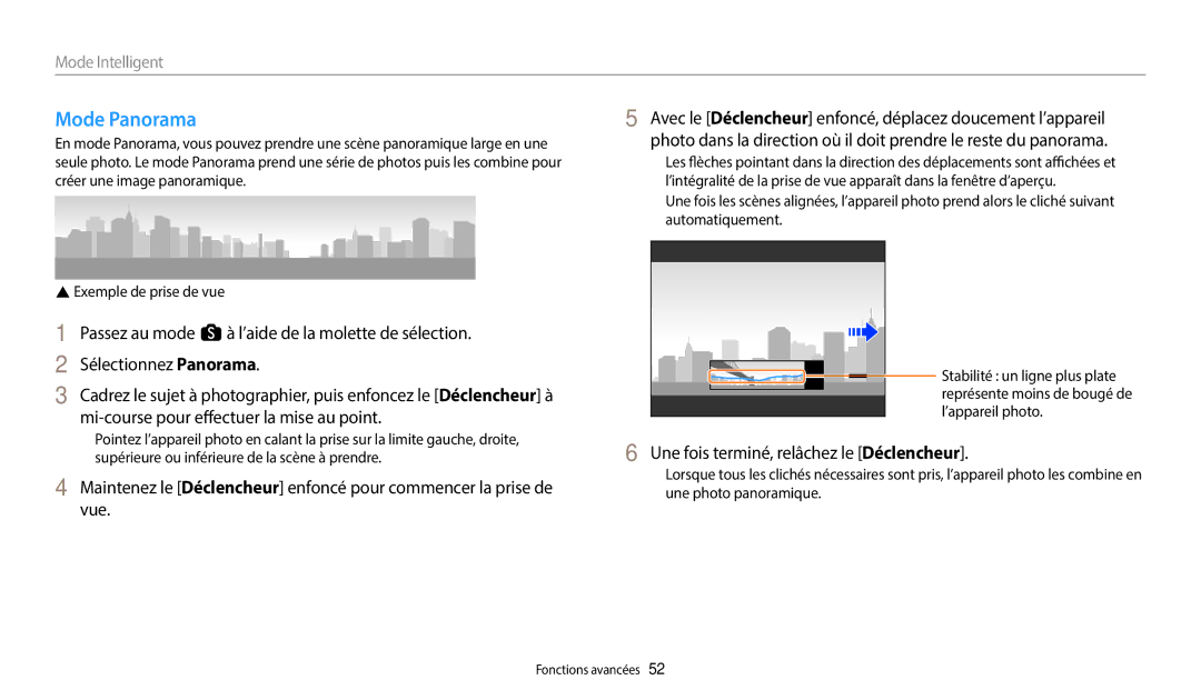 Samsung EC-WB50FZBPWFR, EC-WB350FBPBFR, EC-WB50FZBPBFR manual Mode Panorama, Une fois terminé, relâchez le Déclencheur 