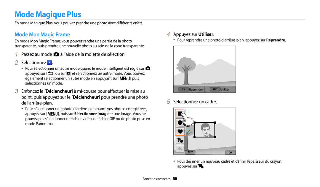 Samsung EC-WB352FBDWFR manual Mode Magique Plus, Mode Mon Magic Frame, Appuyez sur Utiliser, Sélectionnez un cadre 