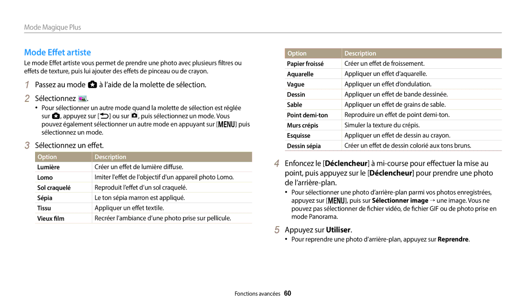 Samsung EC-WB50FZBPBFR, EC-WB350FBPBFR, EC-WB352FBDWFR, EC-WB352FBDBFR manual Mode Effet artiste, Appuyez sur Utiliser 