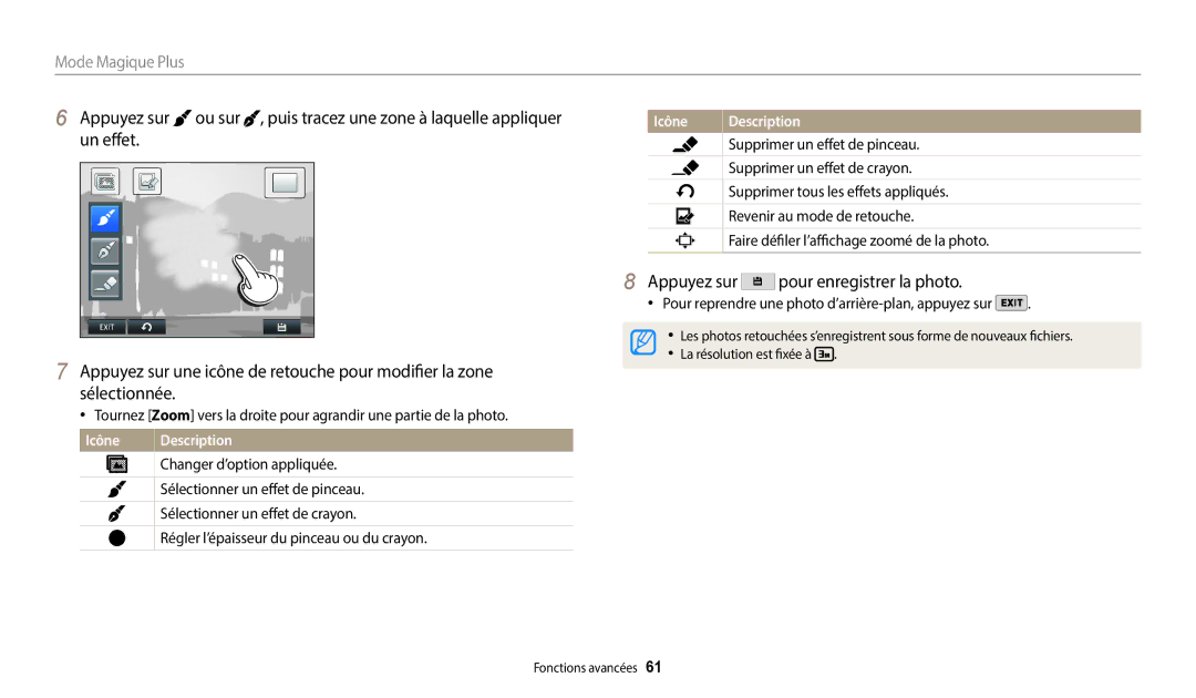 Samsung EC-WB352FBDWFR manual Changer d’option appliquée, Sélectionner un effet de pinceau, Sélectionner un effet de crayon 