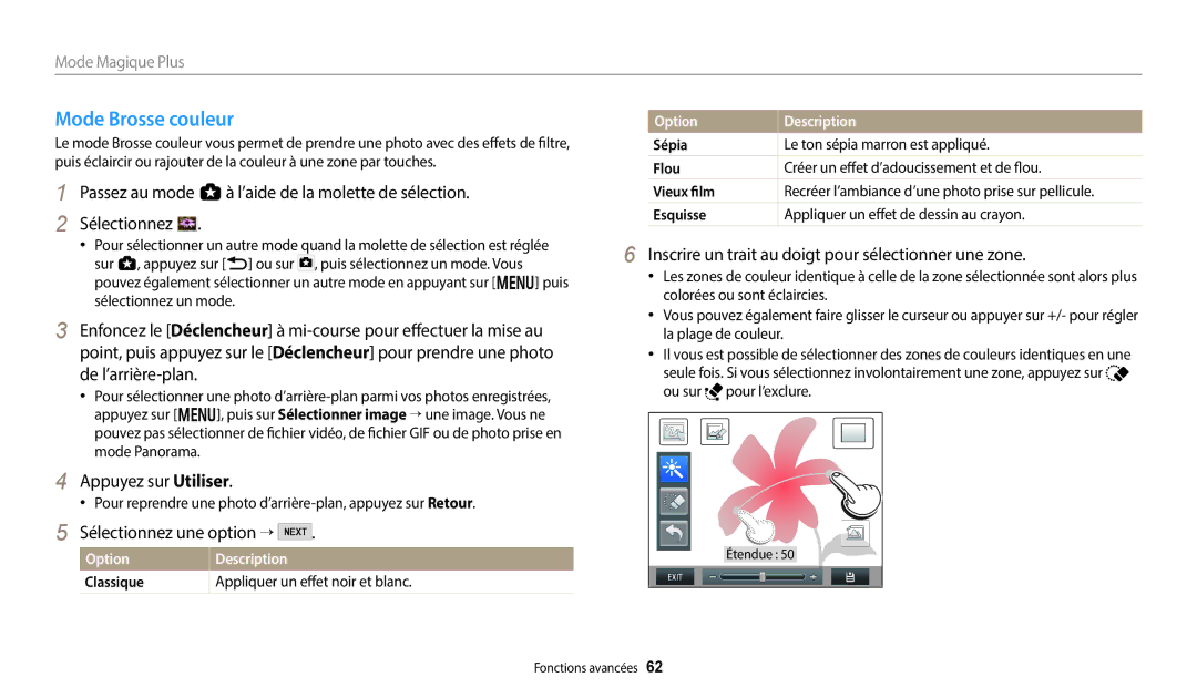 Samsung EC-WB352FBDBFR Mode Brosse couleur, Sélectionnez une option →, Esquisse Appliquer un effet de dessin au crayon 