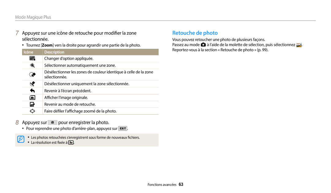 Samsung EC-WB350FBPWFR, EC-WB350FBPBFR, EC-WB50FZBPBFR, EC-WB352FBDWFR, EC-WB352FBDBFR, EC-WB50FZBPWFR manual Retouche de photo 