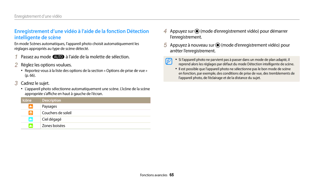 Samsung EC-WB350FBPBFR, EC-WB50FZBPBFR, EC-WB352FBDWFR, EC-WB352FBDBFR, EC-WB350FBPWFR manual Enregistrement d’une vidéo 