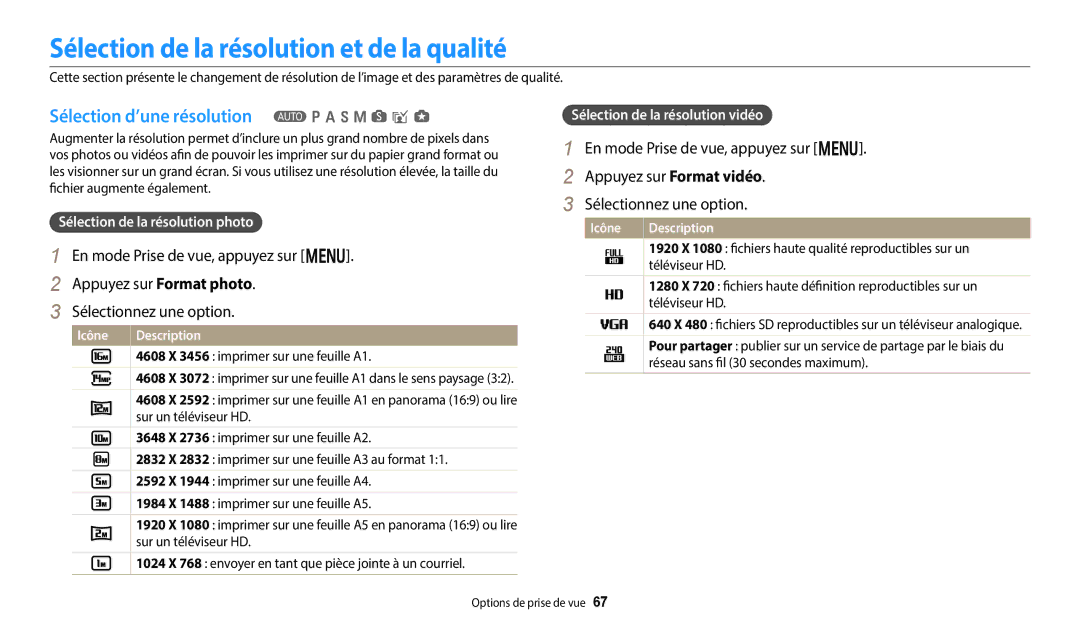 Samsung EC-WB352FBDWFR Sélection de la résolution et de la qualité, Sélection d’une résolution T p a h M s i g, Icône 