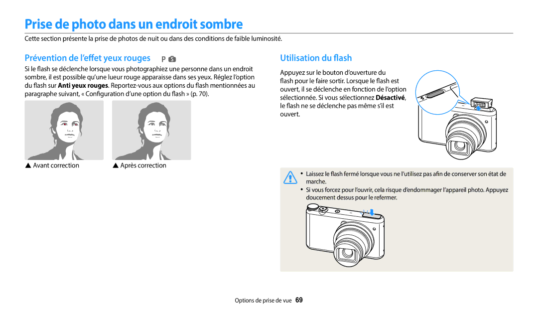 Samsung EC-WB350FBPWFR, EC-WB350FBPBFR manual Prise de photo dans un endroit sombre, Prévention de l’effet yeux rouges p s 