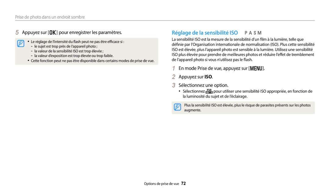 Samsung EC-WB50FZBPBFR manual Réglage de la sensibilité ISO p a h M, Appuyez sur o pour enregistrer les paramètres 