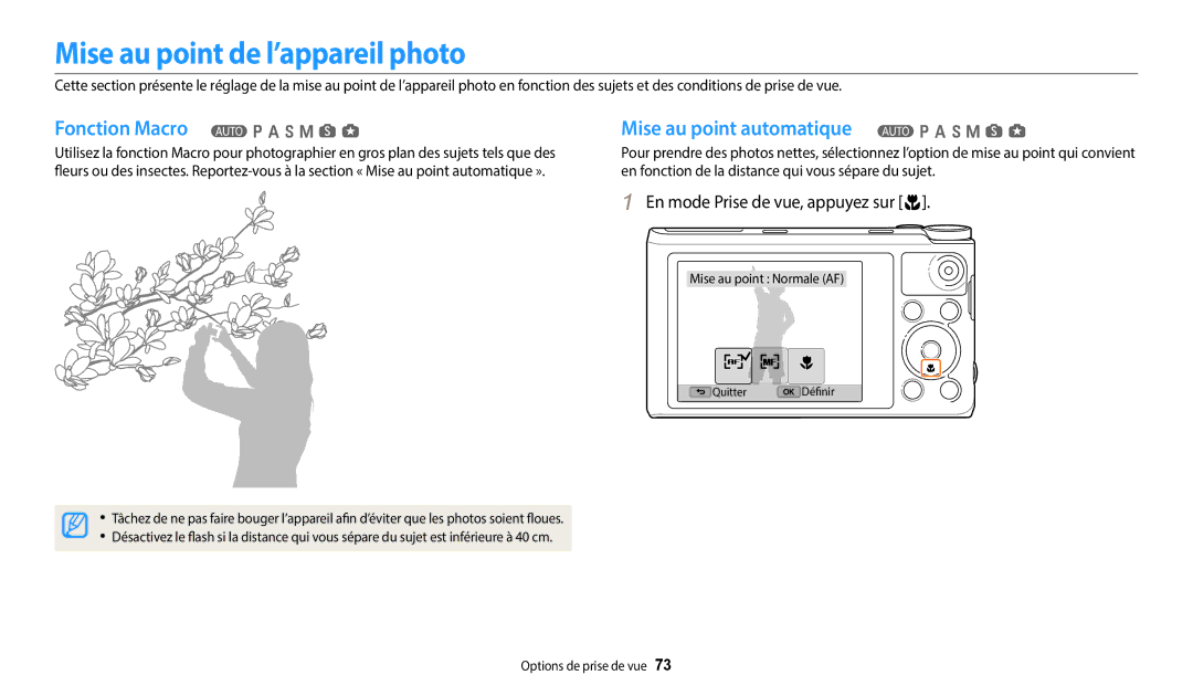 Samsung EC-WB352FBDWFR, EC-WB350FBPBFR manual Mise au point de l’appareil photo, En mode Prise de vue, appuyez sur c 