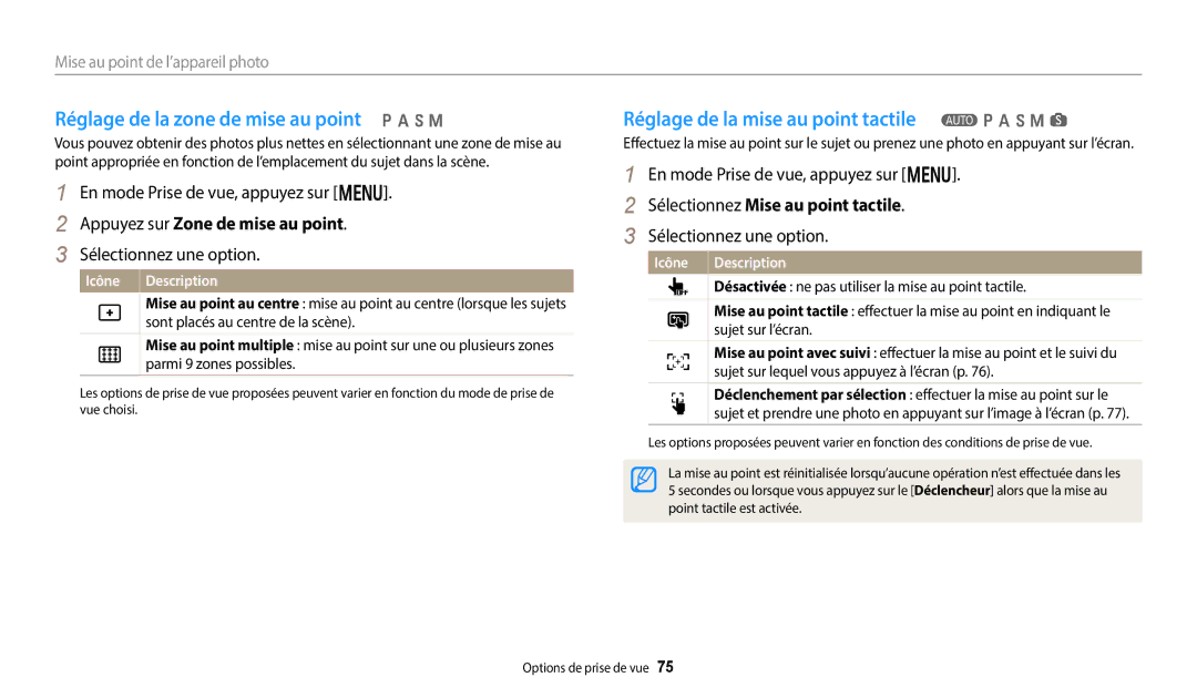 Samsung EC-WB350FBPWFR manual Réglage de la zone de mise au point p a h M, Réglage de la mise au point tactile T p a h M s 