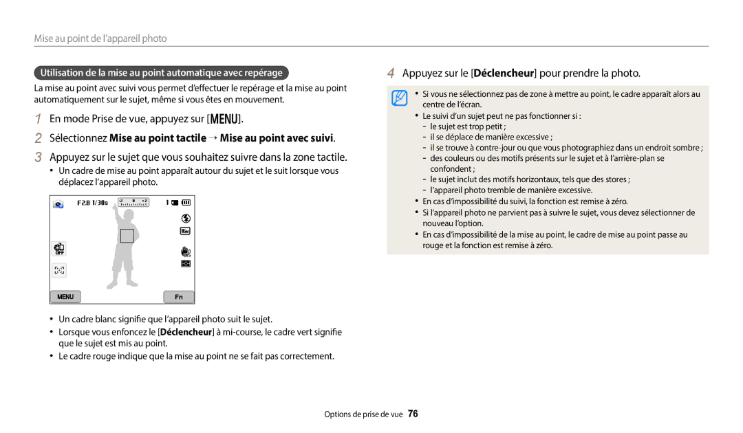 Samsung EC-WB50FZBPWFR, EC-WB350FBPBFR, EC-WB50FZBPBFR, EC-WB352FBDWFR manual Appuyez sur le Déclencheur pour prendre la photo 