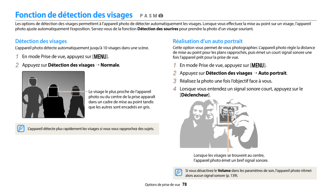 Samsung EC-WB50FZBPBFR Fonction de détection des visages p a h M s, Détection des visages, Réalisation d’un auto portrait 