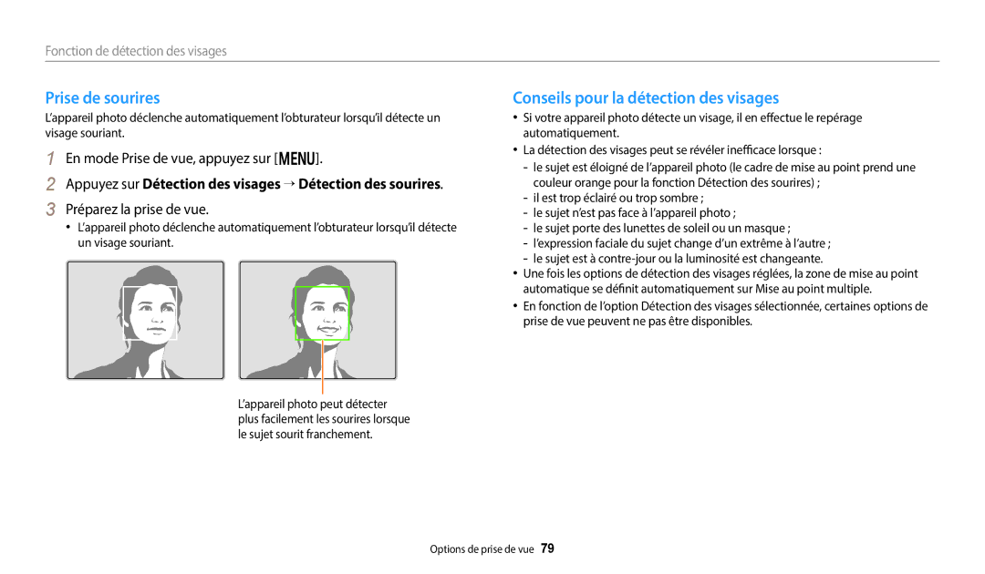 Samsung EC-WB352FBDWFR, EC-WB350FBPBFR Prise de sourires, Conseils pour la détection des visages, Préparez la prise de vue 