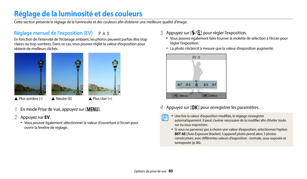 Samsung EC-WB352FBDBFR manual Réglage de la luminosité et des couleurs, Réglage manuel de l’exposition EV p a h, Neutre 