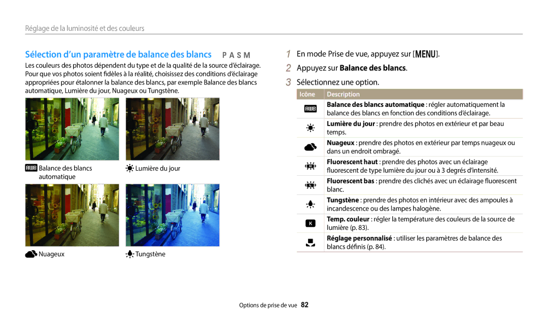 Samsung EC-WB50FZBPWFR manual Sélection d’un paramètre de balance des blancs p a h M, Appuyez sur Balance des blancs 