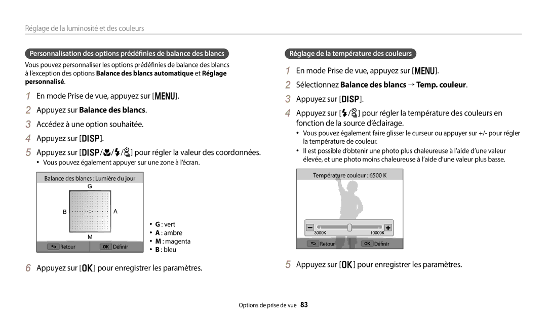 Samsung EC-WB350FBPBFR manual Sélectionnez Balance des blancs → Temp. couleur, Réglage de la température des couleurs 