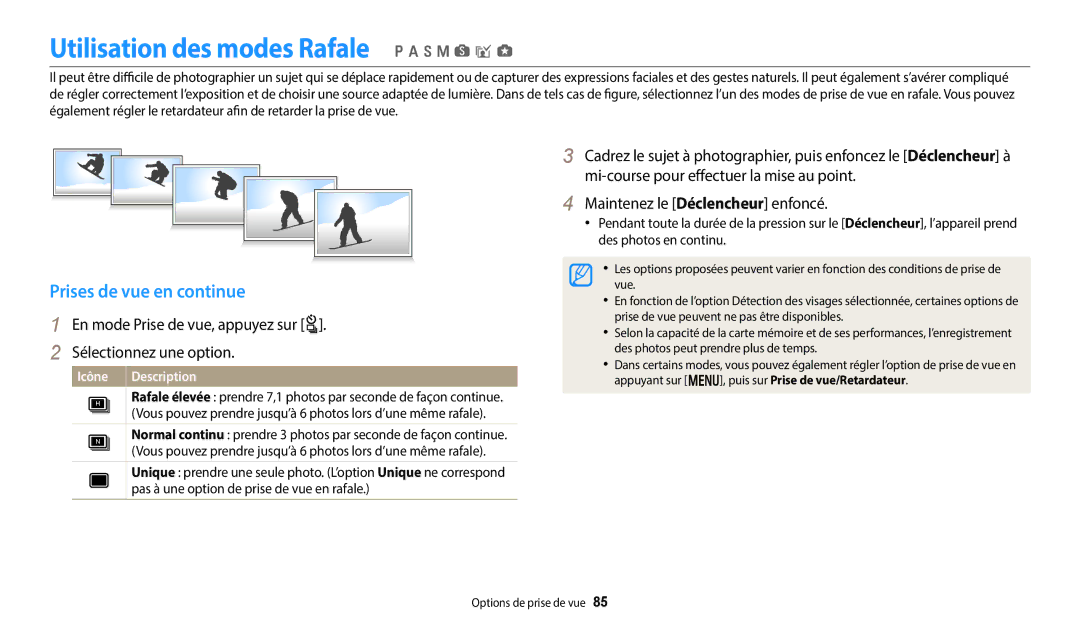 Samsung EC-WB352FBDWFR, EC-WB350FBPBFR manual Utilisation des modes Rafale p a h M s i g, Prises de vue en continue 