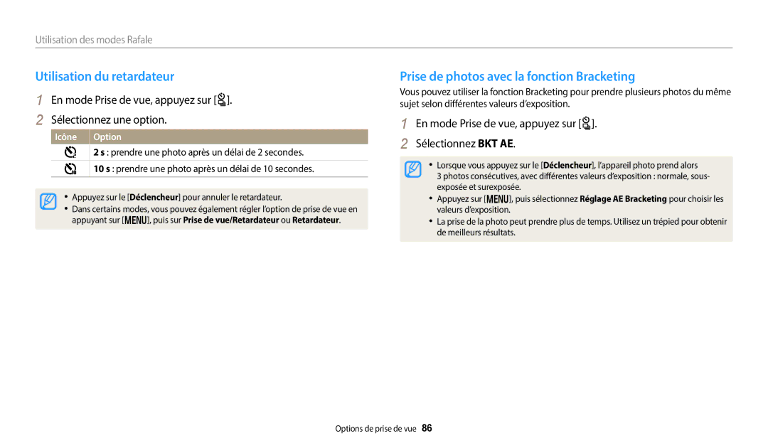 Samsung EC-WB352FBDBFR, EC-WB350FBPBFR manual Utilisation du retardateur, Prise de photos avec la fonction Bracketing 