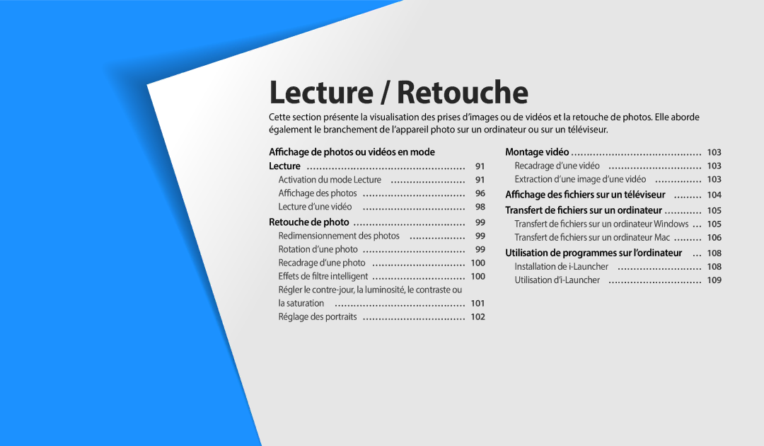 Samsung EC-WB50FZBPBFR, EC-WB350FBPBFR, EC-WB352FBDWFR, EC-WB352FBDBFR, EC-WB350FBPWFR, EC-WB50FZBPWFR manual Lecture / Retouche 