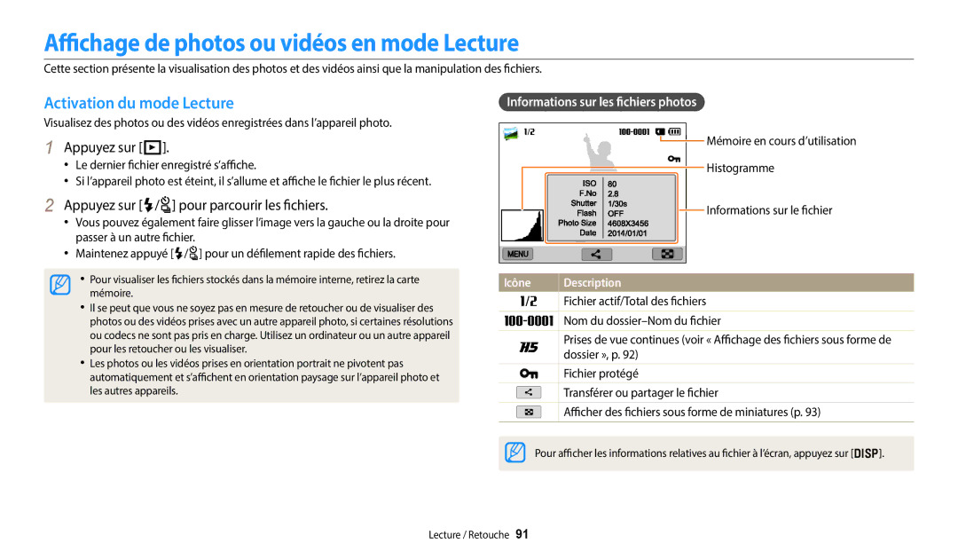 Samsung EC-WB352FBDWFR manual Affichage de photos ou vidéos en mode Lecture, Activation du mode Lecture, Appuyez sur P 