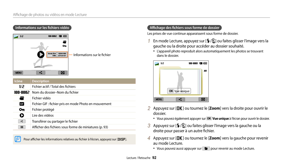 Samsung EC-WB352FBDBFR, EC-WB350FBPBFR Informations sur les fichiers vidéo, Affichage des fichiers sous forme de dossier 