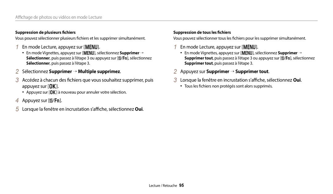 Samsung EC-WB350FBPBFR, EC-WB50FZBPBFR manual En mode Lecture, appuyez sur m, Sélectionnez Supprimer → Multiple supprimez 