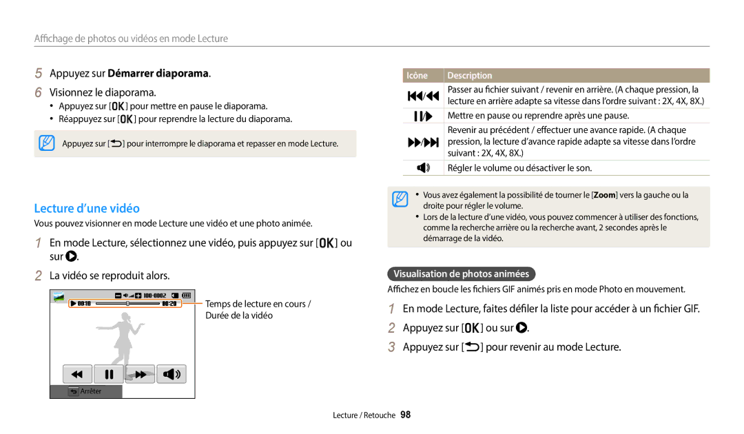 Samsung EC-WB352FBDBFR, EC-WB350FBPBFR manual Lecture d’une vidéo, Appuyez sur Démarrer diaporama, Visionnez le diaporama 