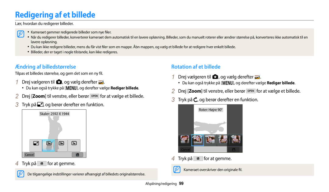 Samsung EC-WB350FBPWE2 Redigering af et billede, Ændring af billedstørrelse, Rotation af et billede, Tryk på For at gemme 