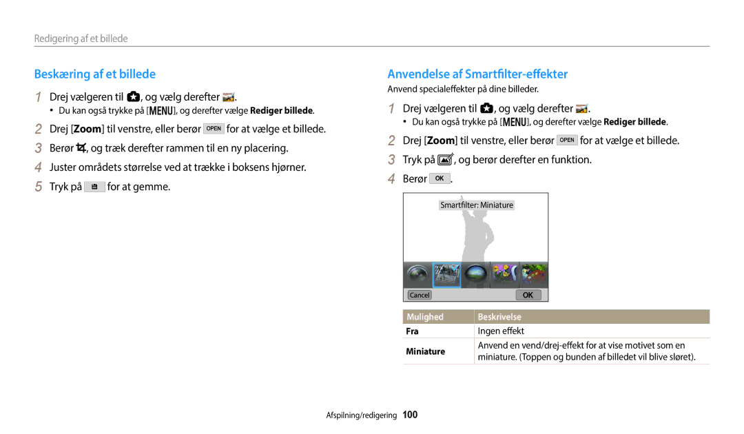 Samsung EC-WB50FZBPBE2, EC-WB350FBPWE2 manual Beskæring af et billede, Anvendelse af Smartfilter-effekter, Ingen effekt 