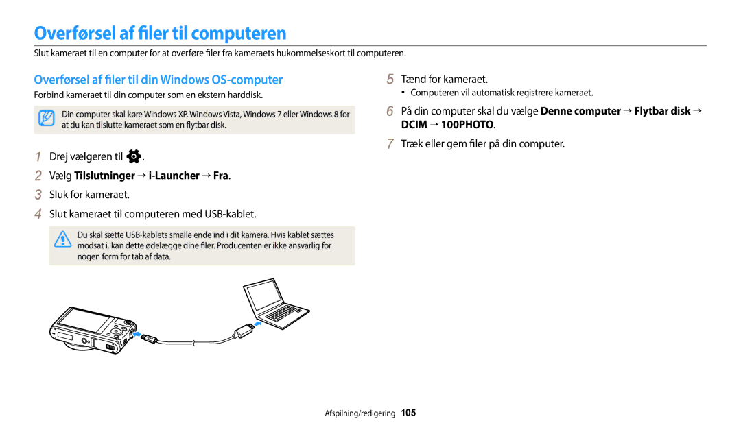 Samsung EC-WB50FZBPWE2, EC-WB350FBPWE2 Overførsel af filer til computeren, Overførsel af filer til din Windows OS-computer 