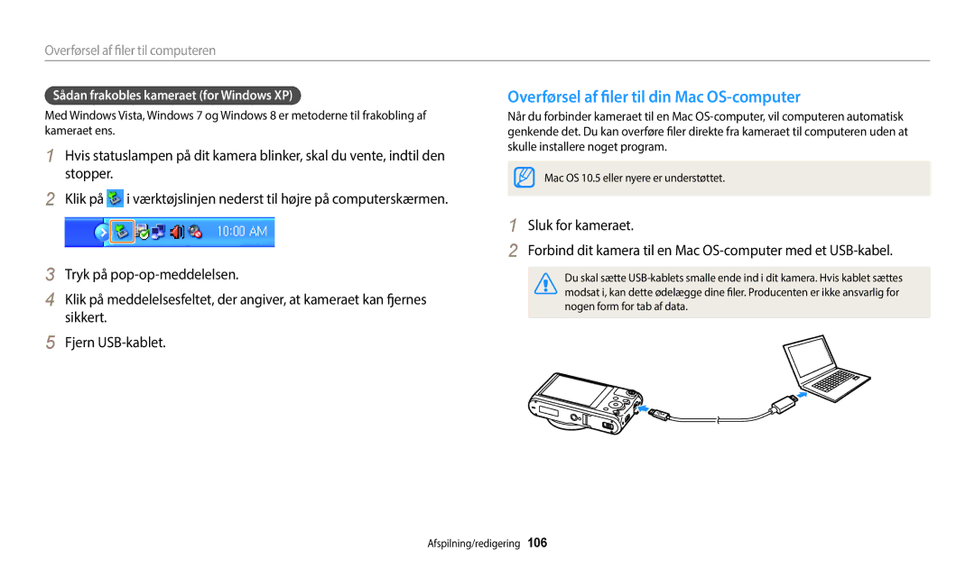 Samsung EC-WB350FBPUE2 manual Overførsel af filer til din Mac OS-computer, Sådan frakobles kameraet for Windows XP 