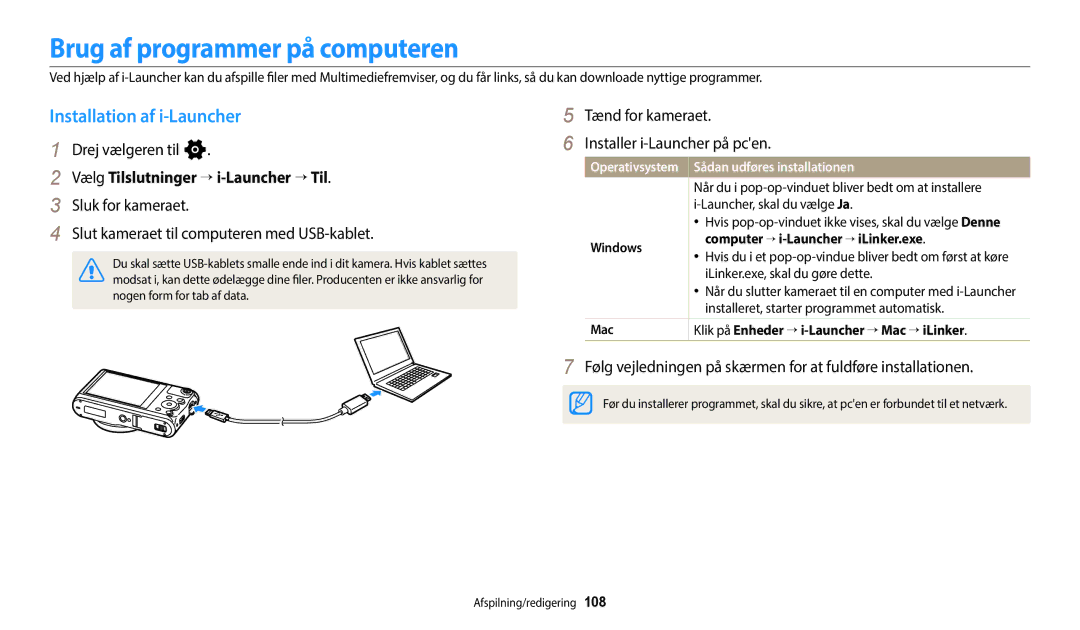 Samsung EC-WB50FZBPRE2 Brug af programmer på computeren, Installation af i-Launcher, Vælg Tilslutninger → i-Launcher → Til 