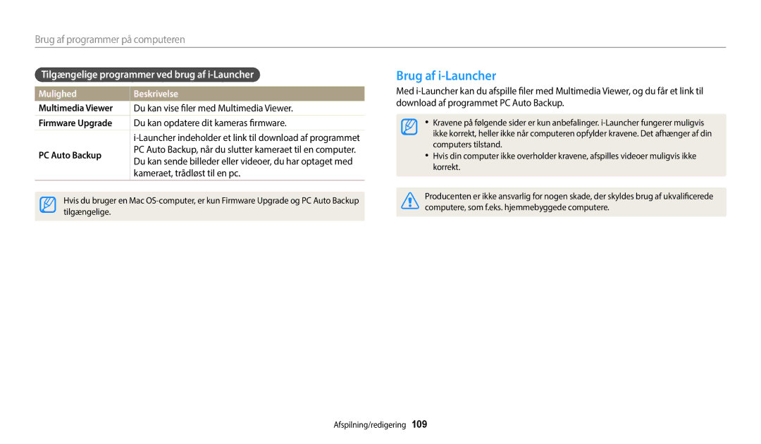 Samsung EC-WB350FBPWE2 manual Brug af i-Launcher, Tilgængelige programmer ved brug af i-Launcher, Multimedia Viewer 