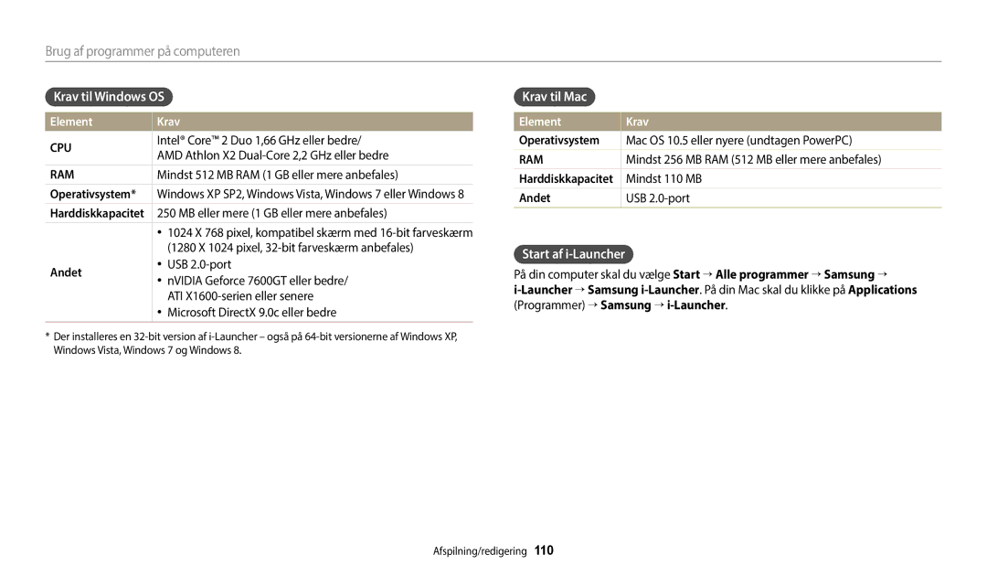 Samsung EC-WB50FZBPBE2, EC-WB350FBPWE2, EC-WB350FBPRE2 Krav til Windows OS, Krav til Mac, Start af i-Launcher, Element Krav 