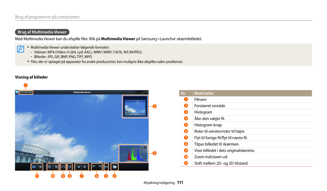 Samsung EC-WB350FBPRE2, EC-WB350FBPWE2, EC-WB50FZBPBE2, EC-WB350FBPNE2 manual Brug af Multimedia Viewer, Visning af billeder 