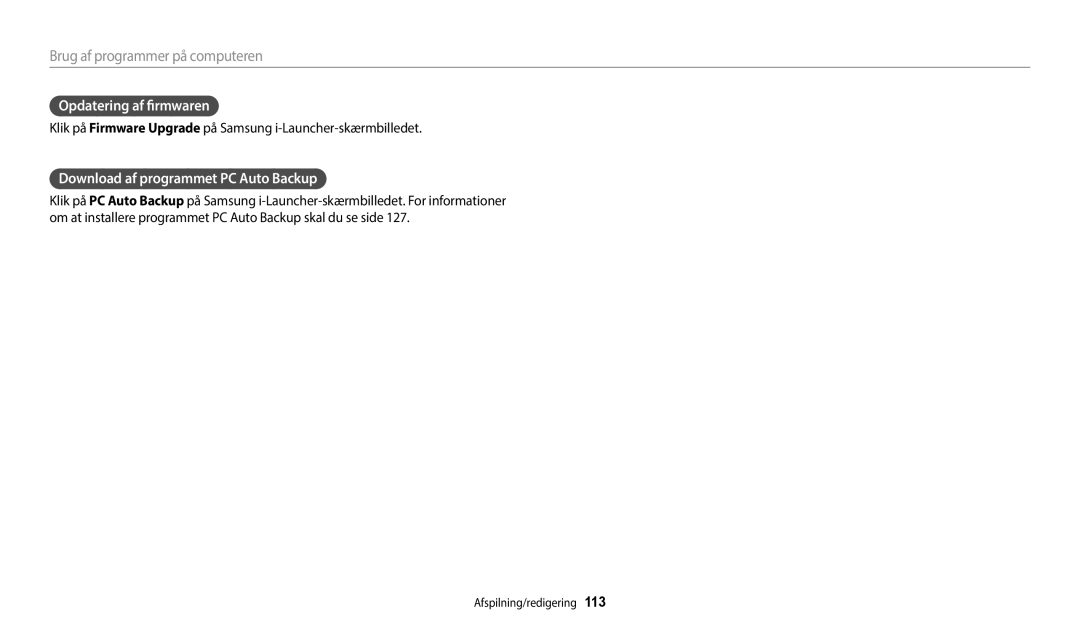 Samsung EC-WB352FBDWE2, EC-WB350FBPWE2, EC-WB50FZBPBE2 manual Opdatering af firmwaren, Download af programmet PC Auto Backup 