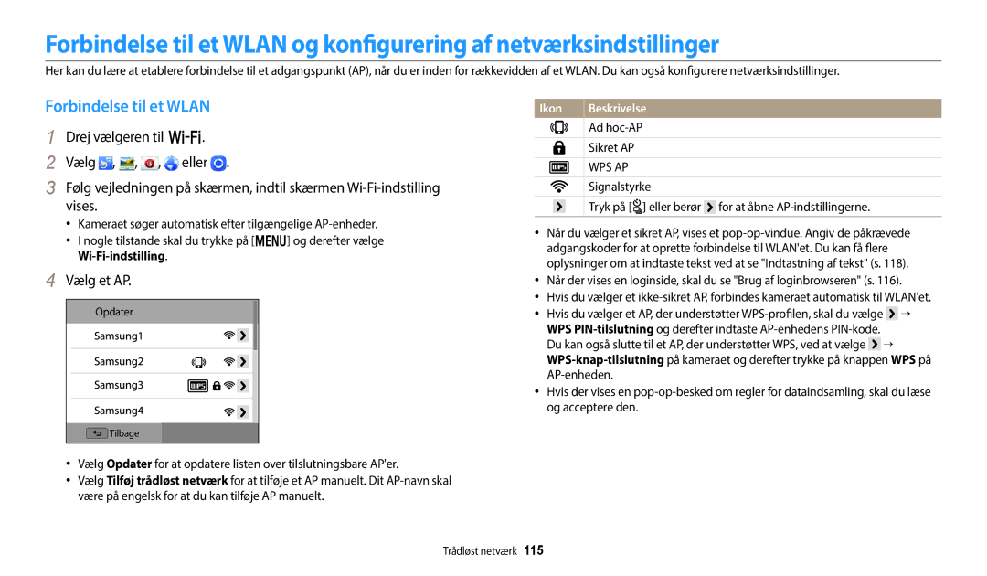 Samsung EC-WB50FZBPWE2, EC-WB350FBPWE2, EC-WB50FZBPBE2, EC-WB350FBPRE2, EC-WB350FBPNE2 Forbindelse til et Wlan, Vælg et AP 