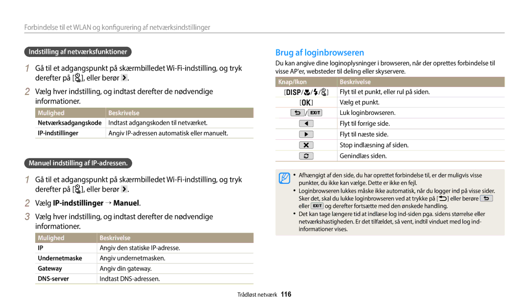 Samsung EC-WB350FBPUE2 manual Brug af loginbrowseren, Vælg IP-indstillinger → Manuel, Indstilling af netværksfunktioner 