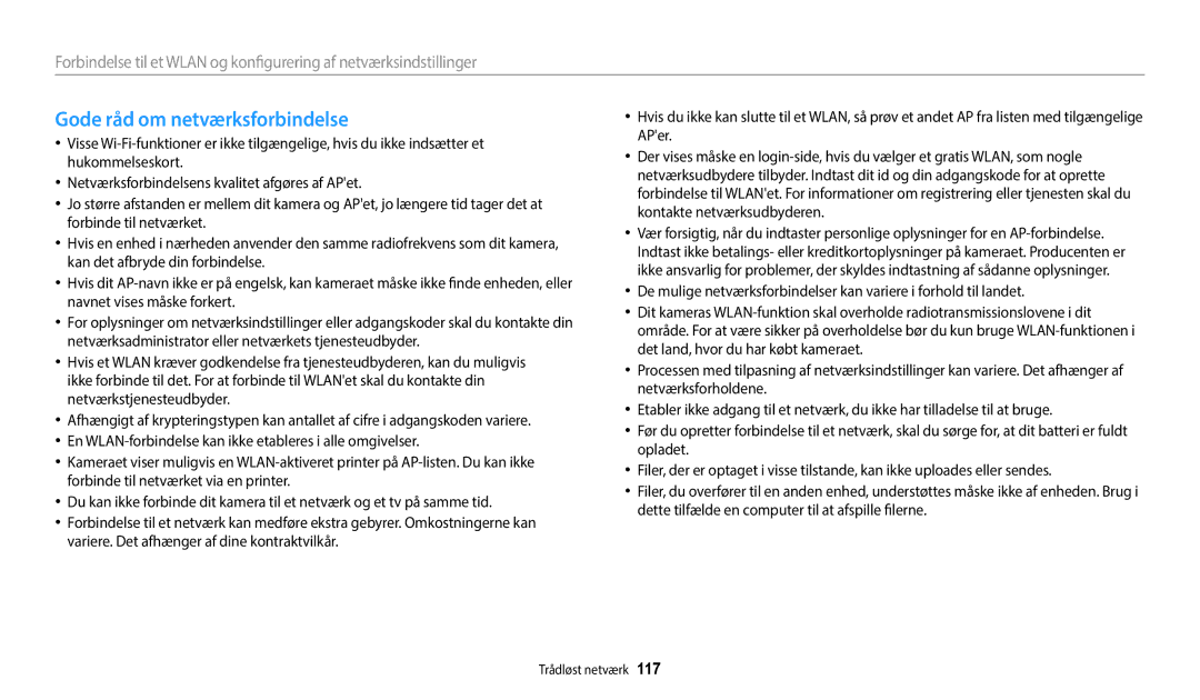 Samsung EC-WB352FBDBE2, EC-WB350FBPWE2, EC-WB50FZBPBE2, EC-WB350FBPRE2, EC-WB350FBPNE2 manual Gode råd om netværksforbindelse 