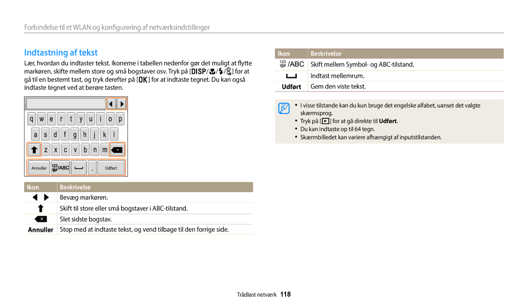 Samsung EC-WB50FZBPRE2 manual Indtastning af tekst, Skift mellem Symbol- og ABC-tilstand, Indtast mellemrum, Udført 