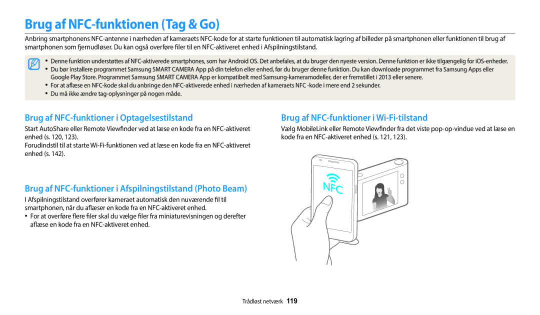 Samsung EC-WB350FBPWE2, EC-WB50FZBPBE2 manual Brug af NFC-funktionen Tag & Go, Brug af NFC-funktioner i Optagelsestilstand 