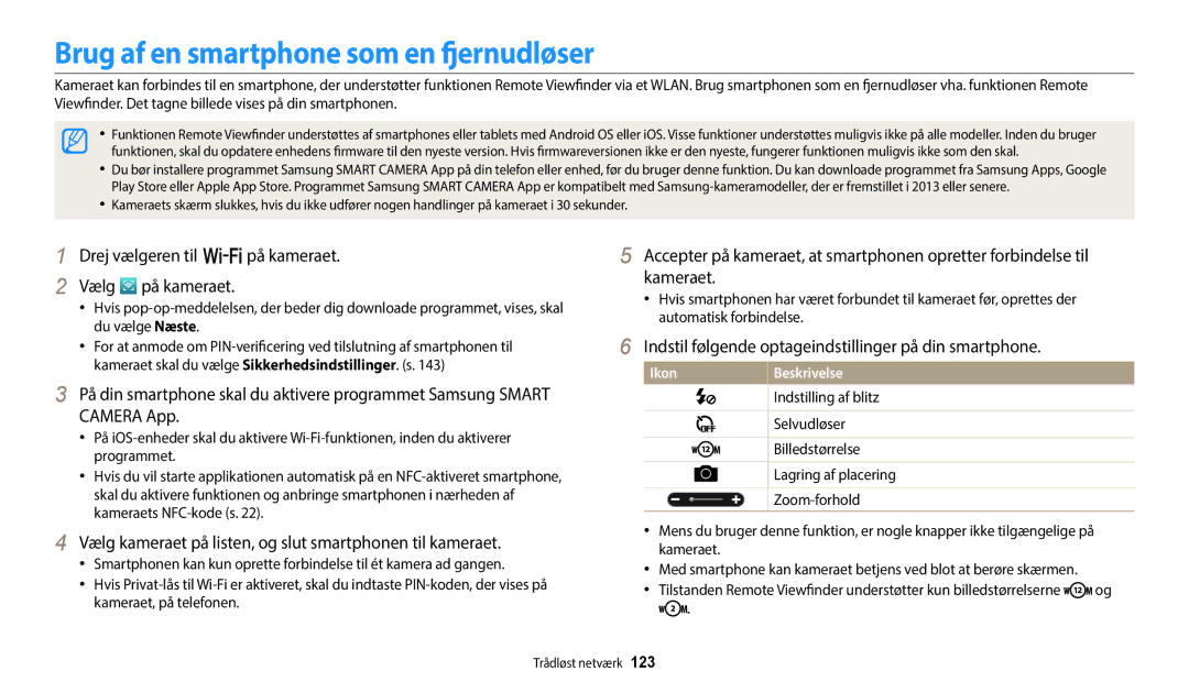 Samsung EC-WB352FBDWE2 Brug af en smartphone som en fjernudløser, Indstil følgende optageindstillinger på din smartphone 