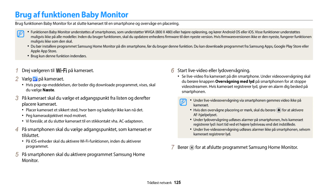 Samsung EC-WB50FZBPWE2 manual Brug af funktionen Baby Monitor, Berør for at afslutte programmet Samsung Home Monitor 