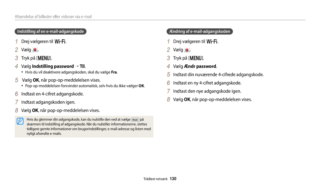 Samsung EC-WB50FZBPBE2 manual Vælg Indstilling password → Til, Vælg OK, når pop-op-meddelelsen vises, Vælg Ændr password 