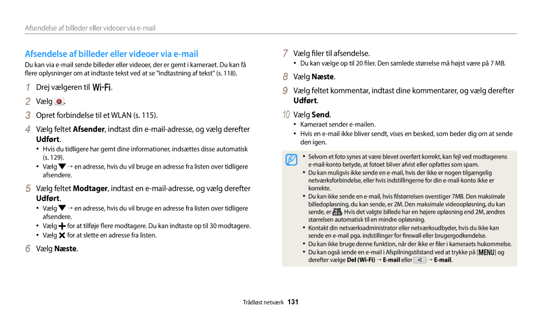 Samsung EC-WB350FBPRE2 manual Afsendelse af billeder eller videoer via e-mail, Vælg Næste Vælg filer til afsendelse 