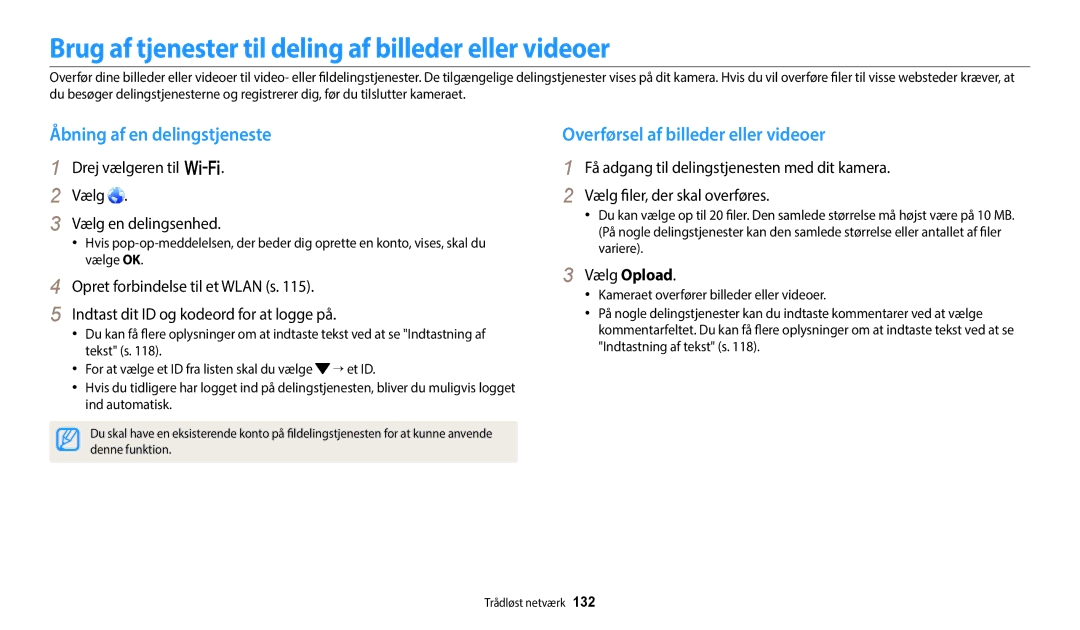 Samsung EC-WB350FBPNE2 Brug af tjenester til deling af billeder eller videoer, Åbning af en delingstjeneste, Vælg Opload 