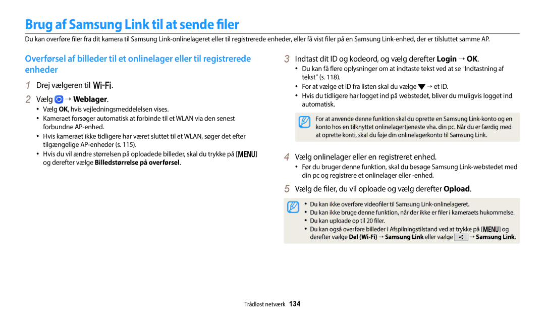 Samsung EC-WB350FBPBE2, EC-WB350FBPWE2 manual Brug af Samsung Link til at sende filer, Drej vælgeren til w Vælg → Weblager 