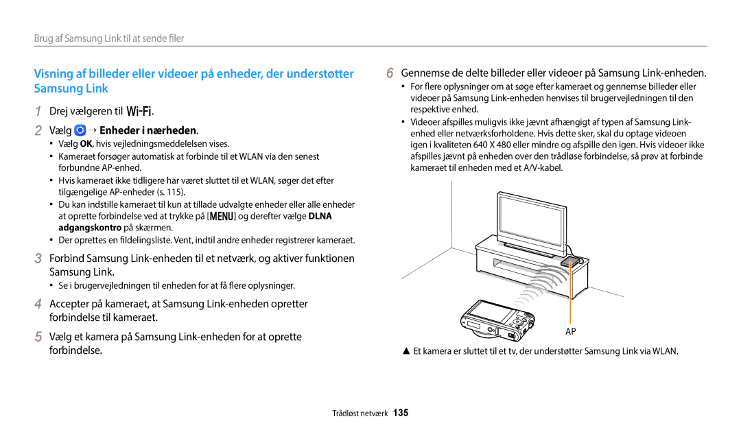 Samsung EC-WB50FZBPWE2, EC-WB350FBPWE2 manual Samsung Link, Drej vælgeren til w, Vælg → Enheder i nærheden, Respektive enhed 