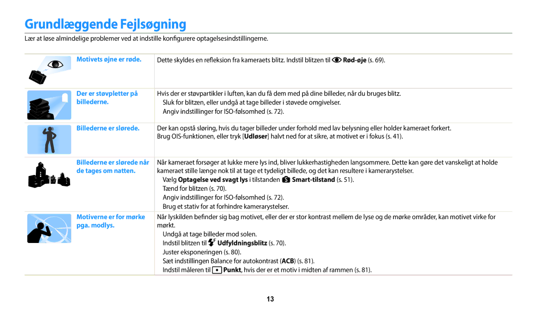 Samsung EC-WB352FBDWE2 Grundlæggende Fejlsøgning, Rød-øje s, Vælg Optagelse ved svagt lys i tilstanden sSmart-tilstand s 