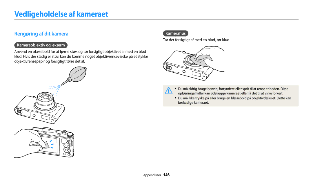 Samsung EC-WB350FBPUE2 manual Vedligeholdelse af kameraet, Rengøring af dit kamera, Kameraobjektiv og -skærm, Kamerahus 