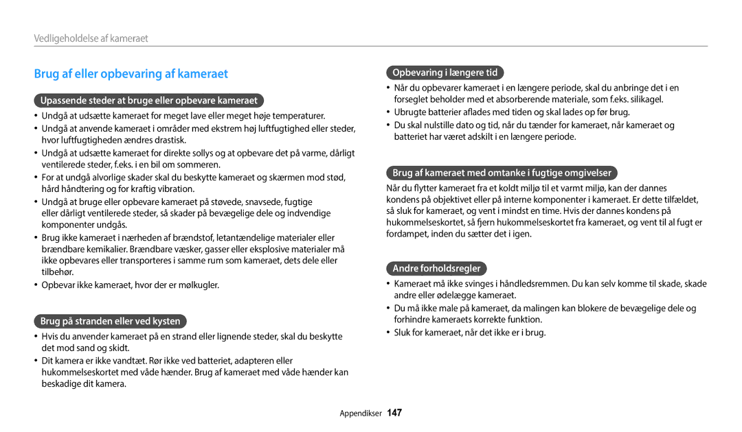 Samsung EC-WB352FBDBE2, EC-WB350FBPWE2, EC-WB50FZBPBE2, EC-WB350FBPRE2, EC-WB350FBPNE2 Brug af eller opbevaring af kameraet 