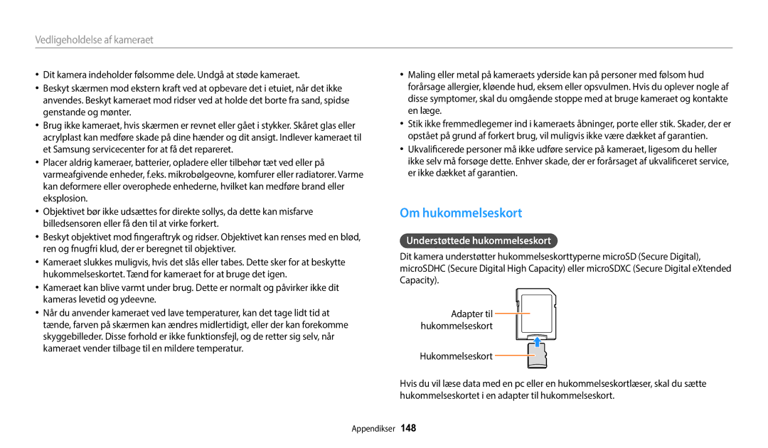 Samsung EC-WB50FZBPRE2, EC-WB350FBPWE2, EC-WB50FZBPBE2, EC-WB350FBPRE2 Om hukommelseskort, Understøttede hukommelseskort 